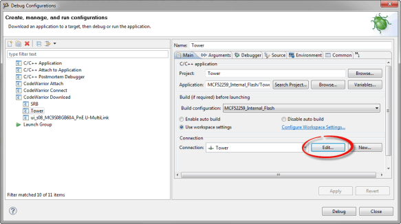 Debug/Run configuration with 'Edit...' button to access connection settings