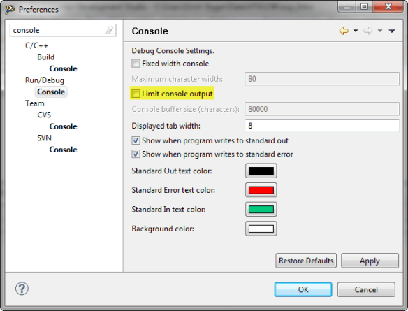 Configuring Console View not to limit output