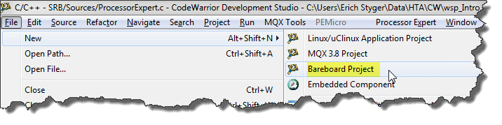 Menu to create new bareboard project