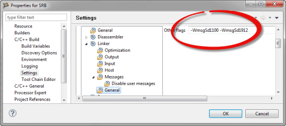 Disabled linker messages with -WmsgSd1100 -WmsgSd1912
