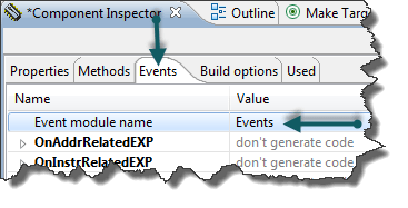 Inspector with Events tab of the CPU module