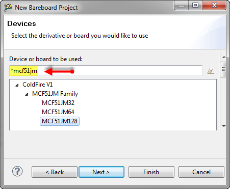 MCF51JM128 selected as Device