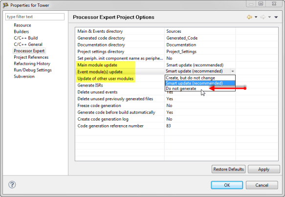 Processor Expert Project Options to Control Code Generation Processor Expert Project Options to Control Code Generation