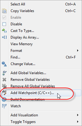 Add Watchpoint from the Variable view Add Watchpoint from the Variable view