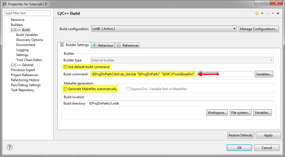 Builder Settings for PC-lint batch file