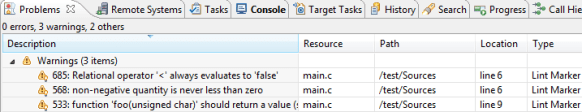 Problems View with Linticator messages from PC-lint Problems View with Linticator messages from PC-lint
