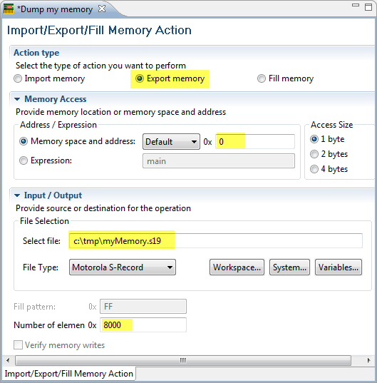 Configuring Export Memory Action