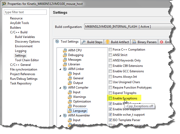 'Enable Exceptions' turned off