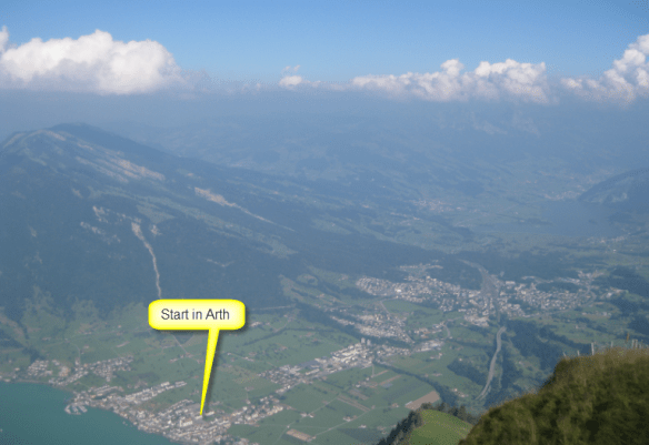 View from the top of the mountain to the start area in Arth