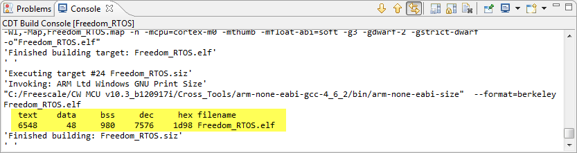Code and Data Size for RTOS plus Application