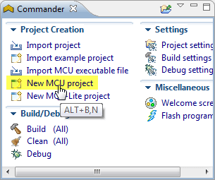 Commander view to create new project