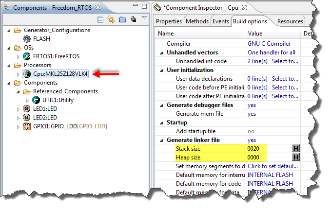 CPU stack size in CPU component and build options