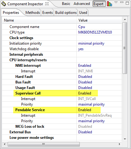 Supervisor Call and Pendable Service enabled for K60