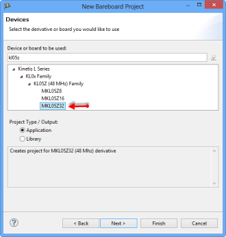 KL05Z in the New Bareboard Project Wizard
