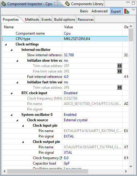 CPU component properties in the Inspector View