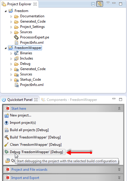 Debug from the Quickstart Panel