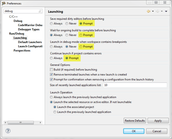 Run and Debug Launching Prompts
