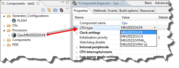 Selecting CPU Type in Inspector