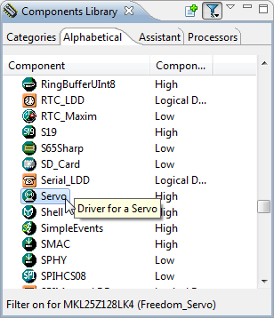Servo Component in Components Library View