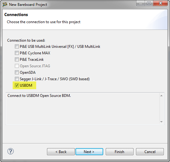 USBDM Connection in MCU10.4 New Project Wizard