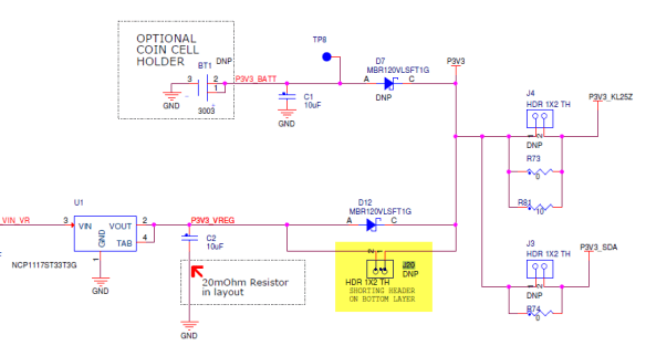 J20 header to bypass D12 (Source: Freescale KL25Z RevE Schematics)