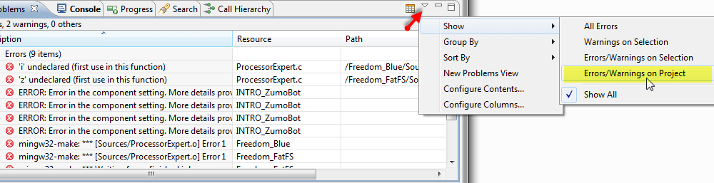 Option to Show Errors and Warnings on Project