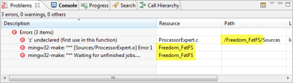 Problems View with Messages for the Active Project