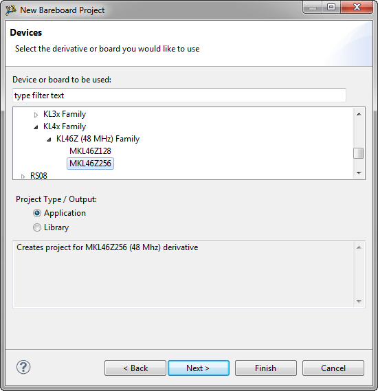 MKL46Z256 in CodeWarrior for MCU10.4 New Project Wizard