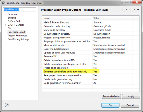 Processor Expert Generate code before build automatically