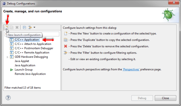Creating new C C++ Debug Configuration