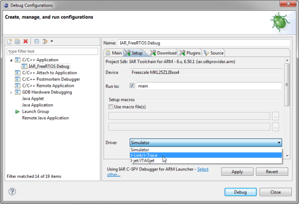 Selecting J-Link as debug connection