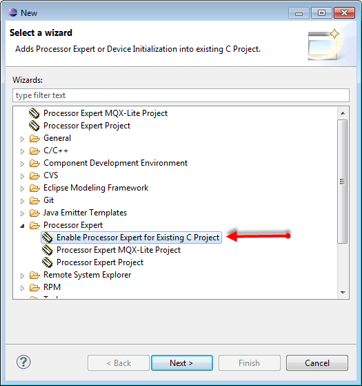Enable Processor Expert for Existing C Project