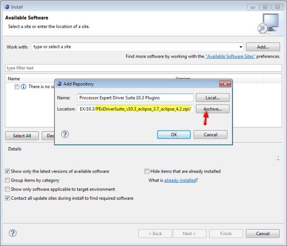 Install New Software for Processor Expert Drivers Suite 10.3