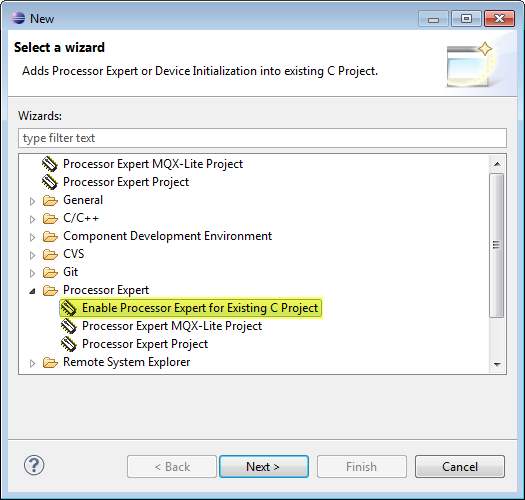 Enable Processor Expert for Existing C Project
