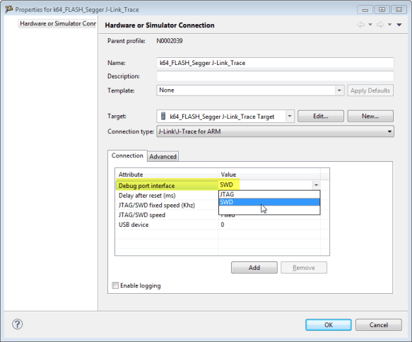Segger J-Link configured for SWD