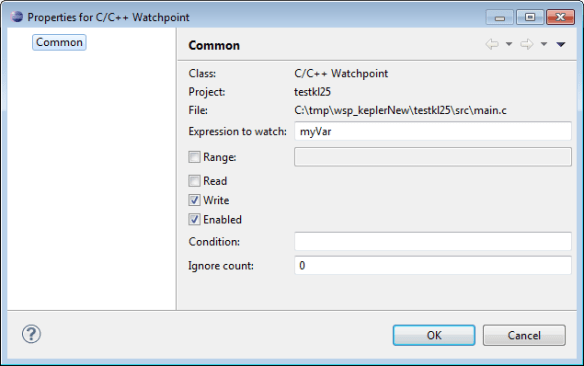 Properties for C C++ Watchpoint