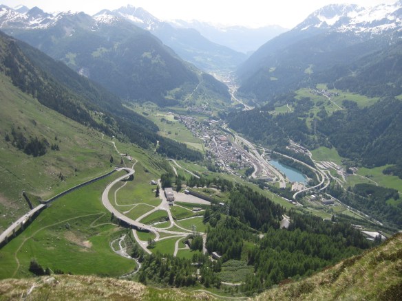 View down from Gotthard Pass to Airolo