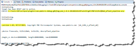 Console Log showing which Flash Programming applet is used