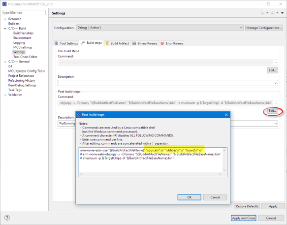 MCUXpresso IDE Post Build Step