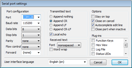 Serial Port Settings for RIoT UART