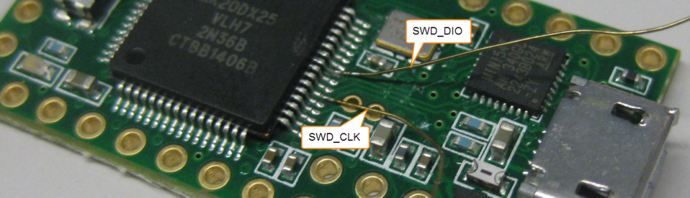 SWD_CLK and SWD_DIO Wires Soldered to the K20 Pins