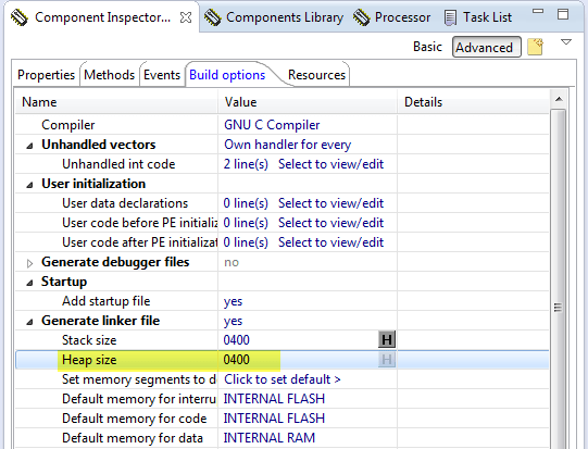 Heap Size in the Build options of the CPU component