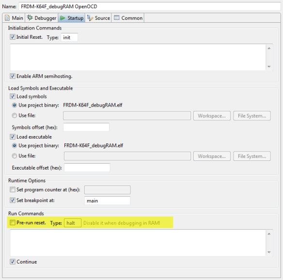 Debug Configuration for Debugging in RAM with OpenOCD