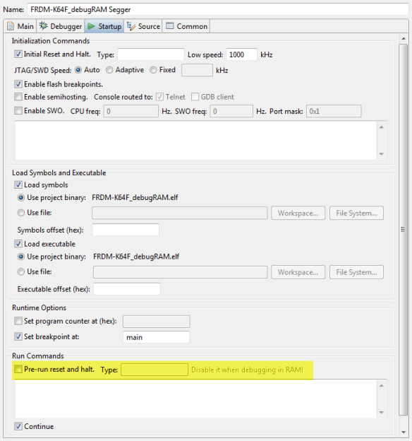 Segger Debugger Launch Configuration to Debug in RAM