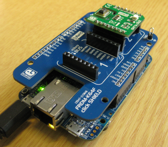 Click Shield with Click Board mounted on FRDM-K64F Board