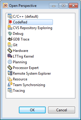 Selecting CodeRed Debug Perspective