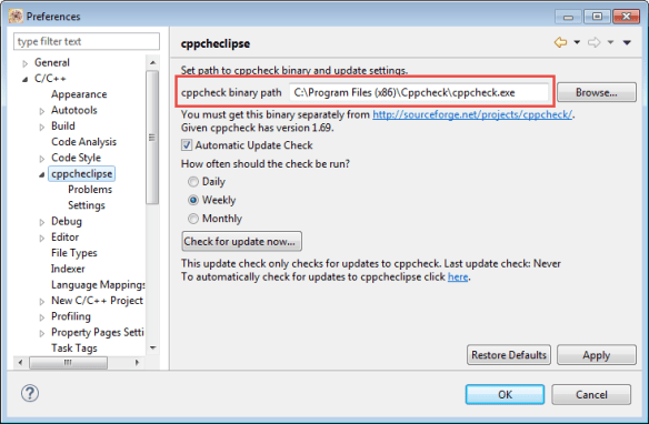 Binary Path to Cppcheck