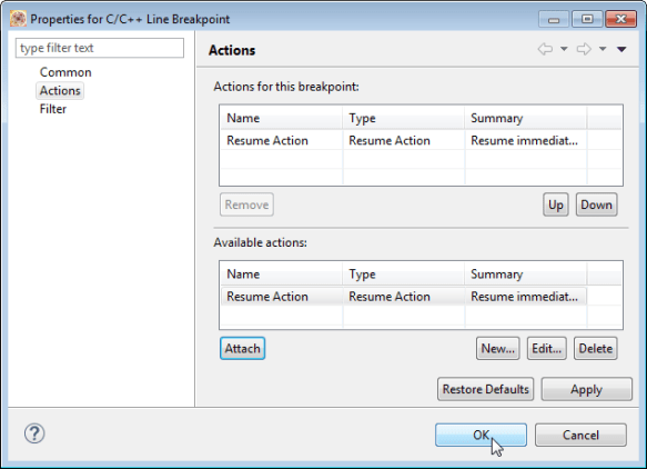 Breakpoint with Resume Action