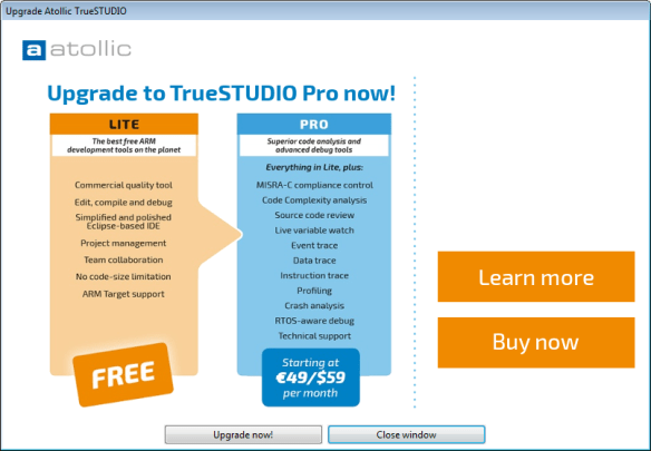 Atollic Studio Upgrade Dialog