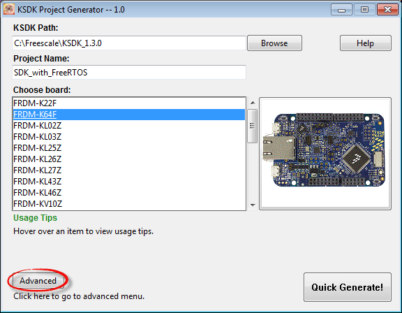 KSDK Project Generator Advanced Button
